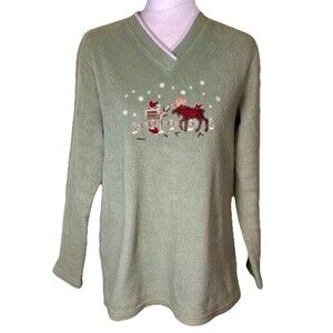 Women’s Cabin Lodge Fleece Sweatshirt Embroidered Moose Cozy Woodland Pullover M